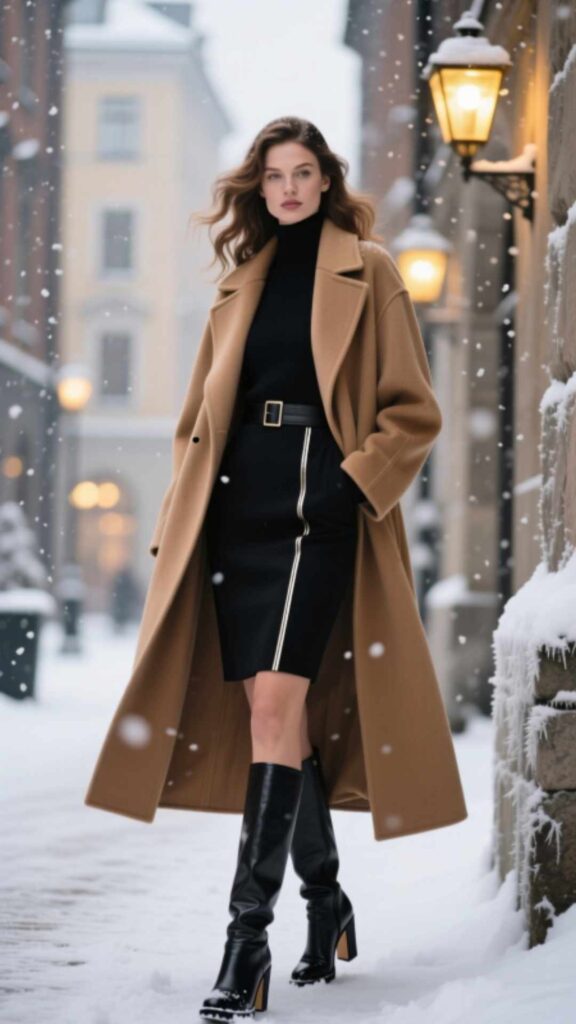 Mini Skirt and Long Coat Outfit