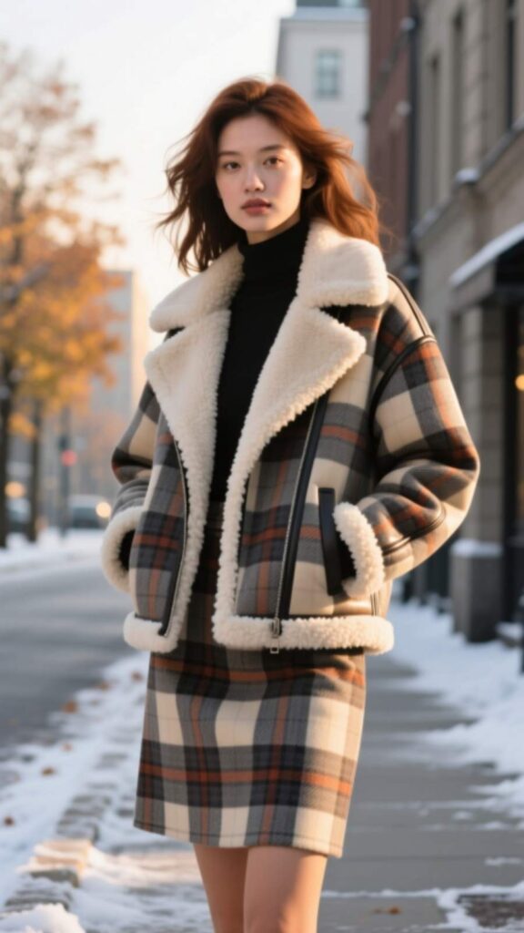 Plaid Mini Skirt with Shearling Jacket