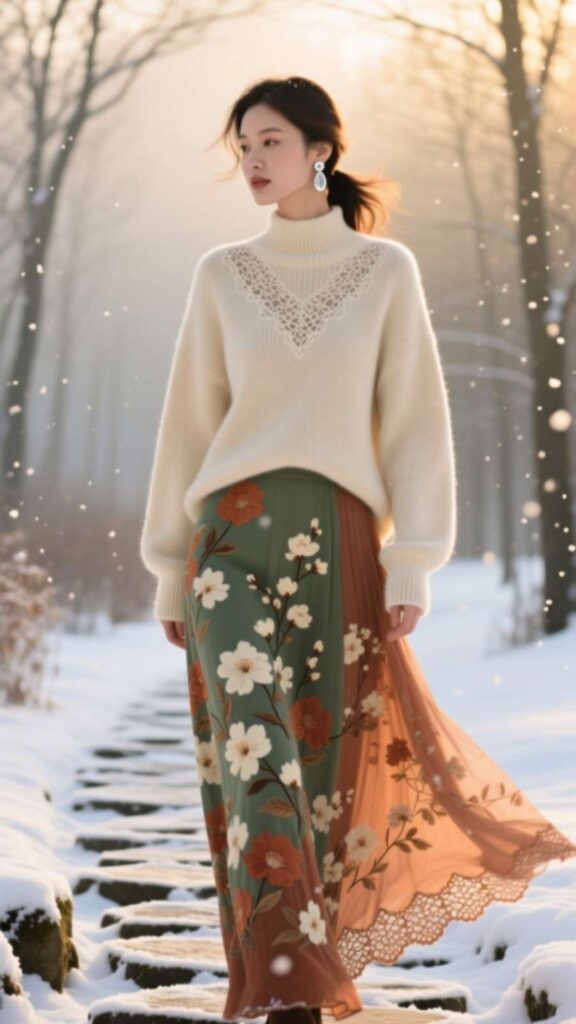 Floral Skirt with Neutral Sweater