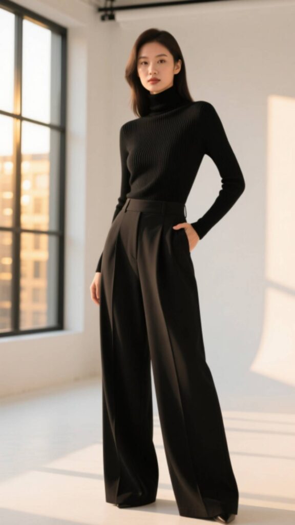 Elegant black turtleneck and trousers.