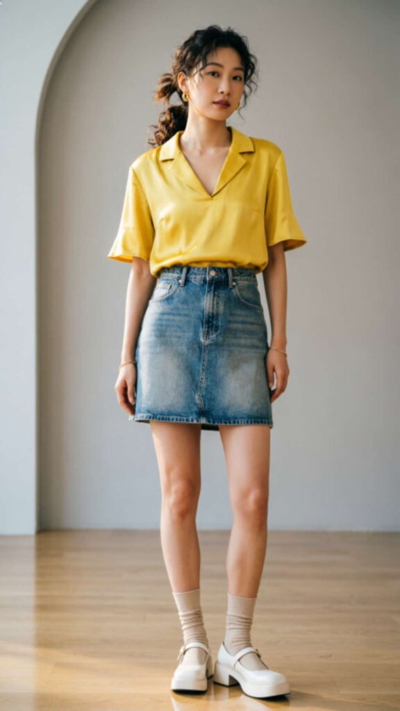 Denim Skirt and Bright Blouse
