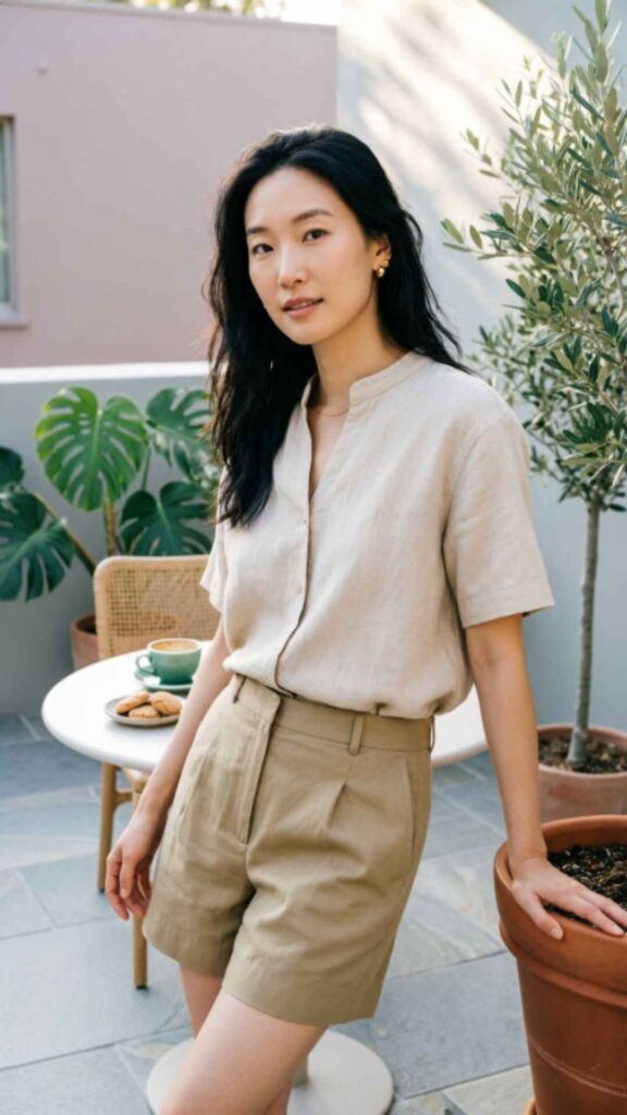 Linen Shirt with High-Waisted Shorts