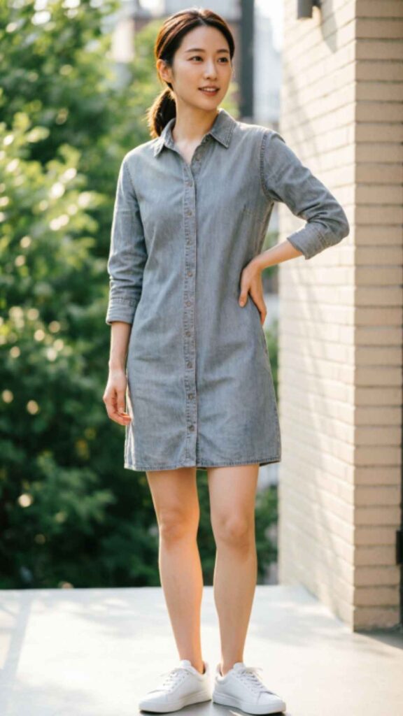 Chambray Shirt Dress with Sneakers