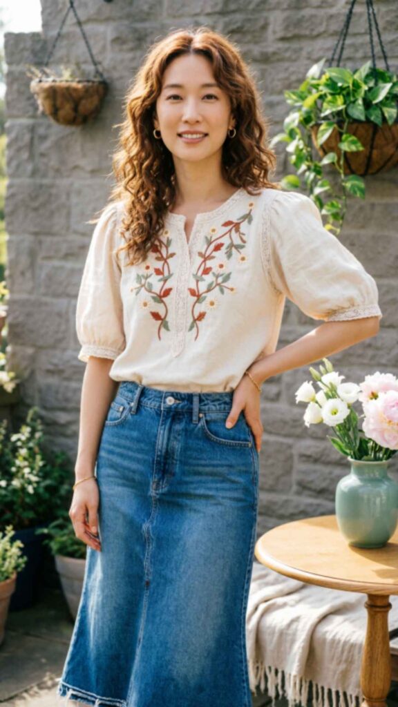 Peasant Blouse with Denim Skirt