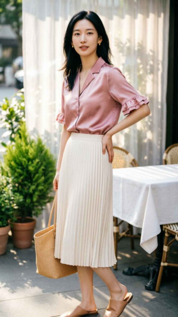 Silk Blouse with Pleated Skirt