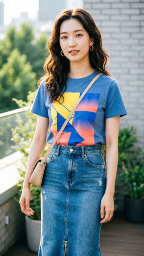 Printed T-Shirt with Jeans Skirt