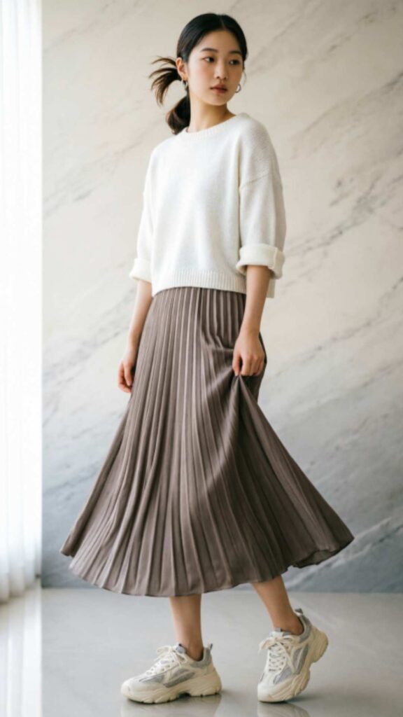 Pleated Skirt with Sneakers