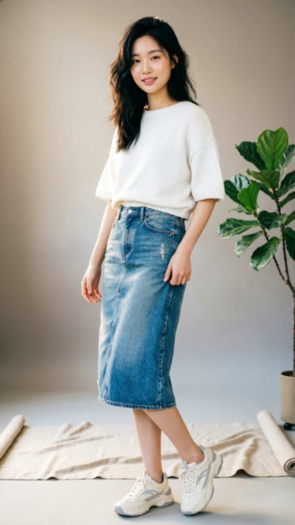 Denim Skirt and Sneakers