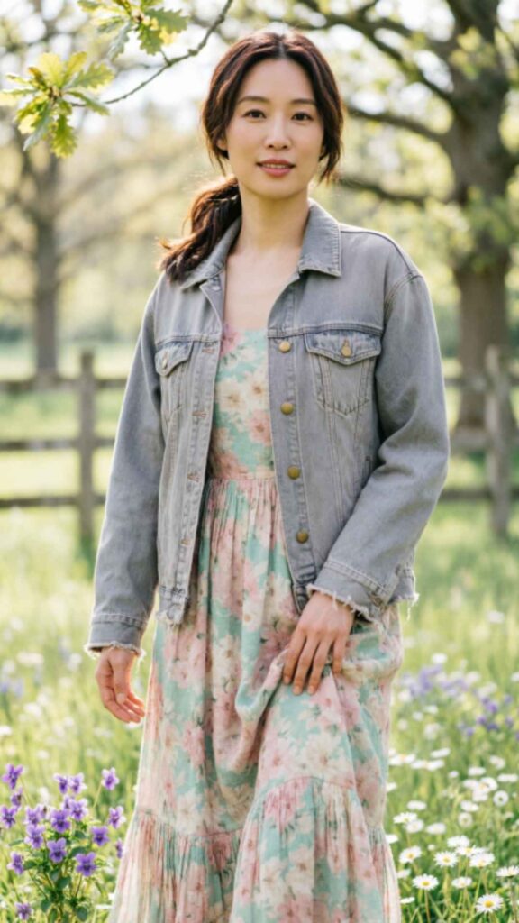 Flowy Midi Dress with Denim Jacket