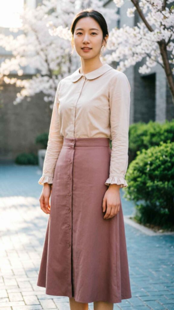 Button-Front Midi Skirt with Blouse
