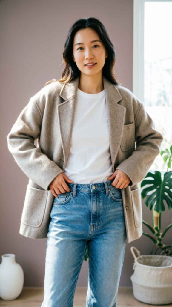Cozy jacket with Basic Tee and Mom Jeans