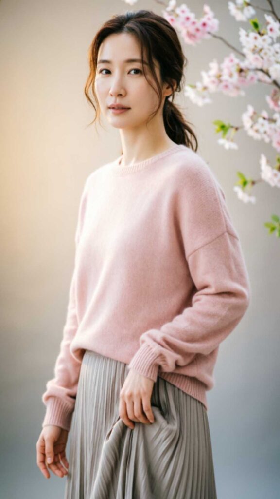 Soft Pastel Sweater with Pleated Skirt
