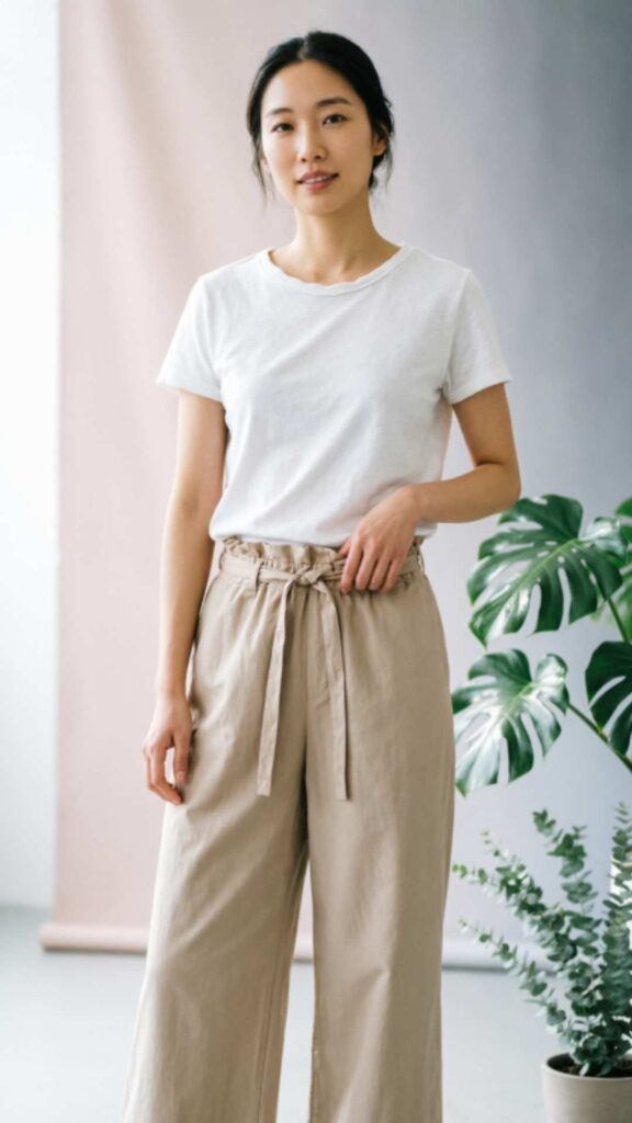 Basic White Tee with Paperbag Waist Pants