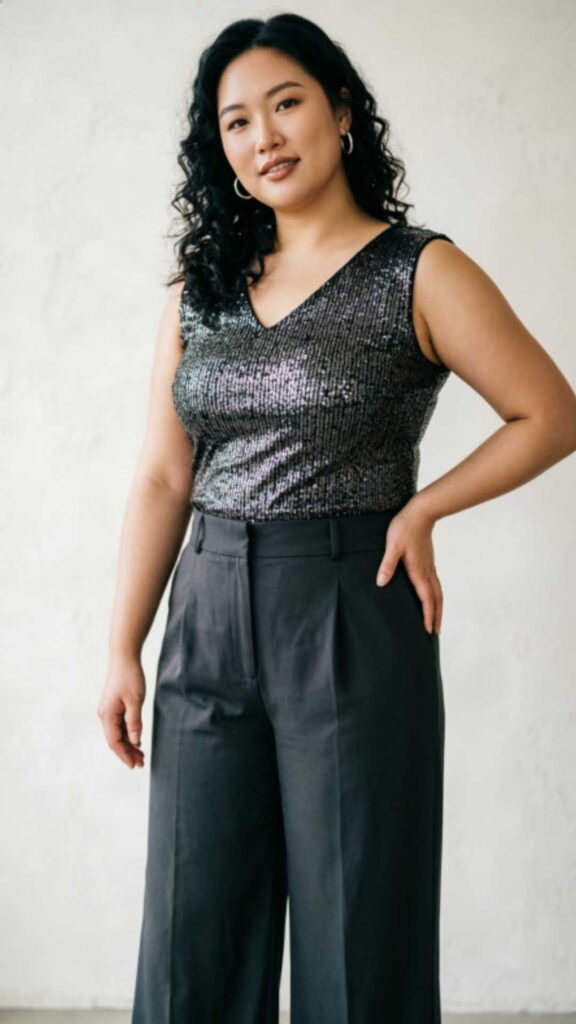 Sequin Top with Dark Pants
