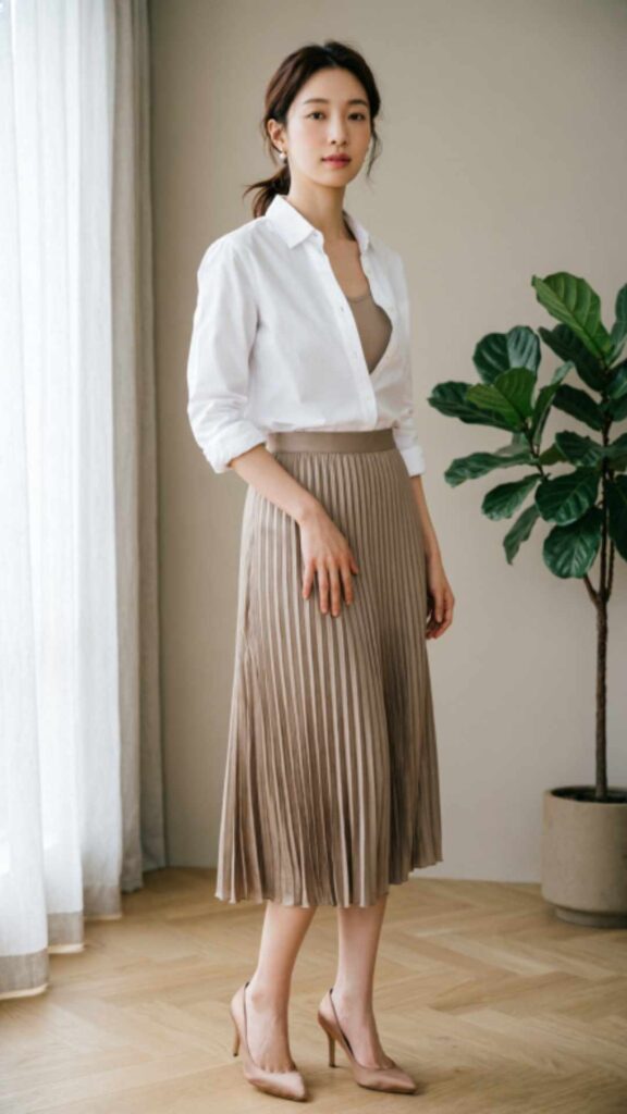 White Button-Down Shirt with Pleated Midi Skirt
