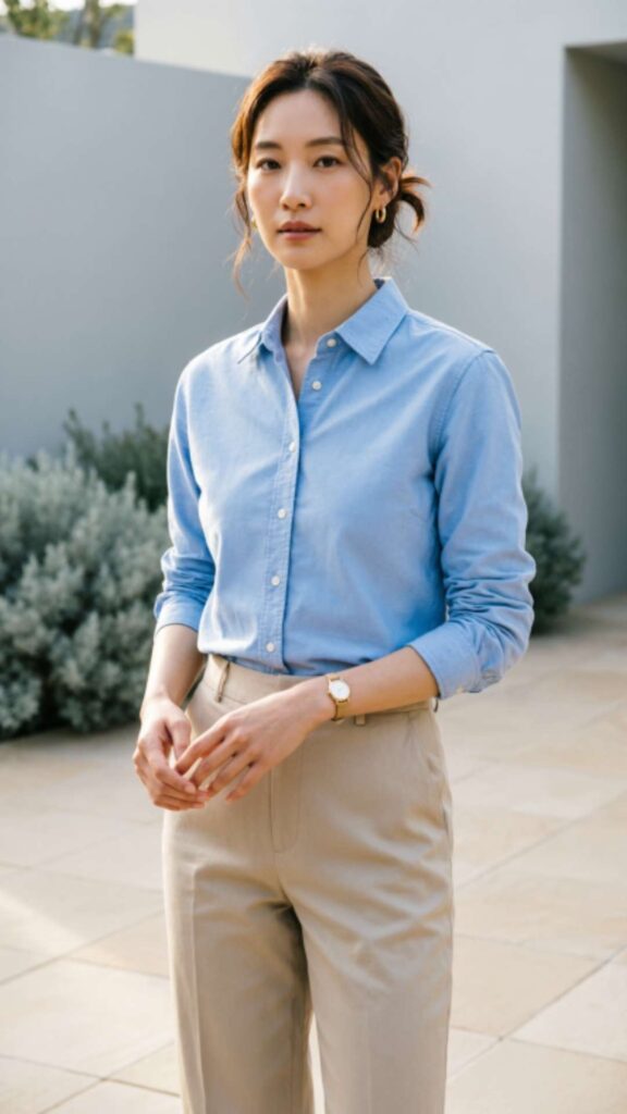 Light Blue Oxford Shirt with Cream Chinos