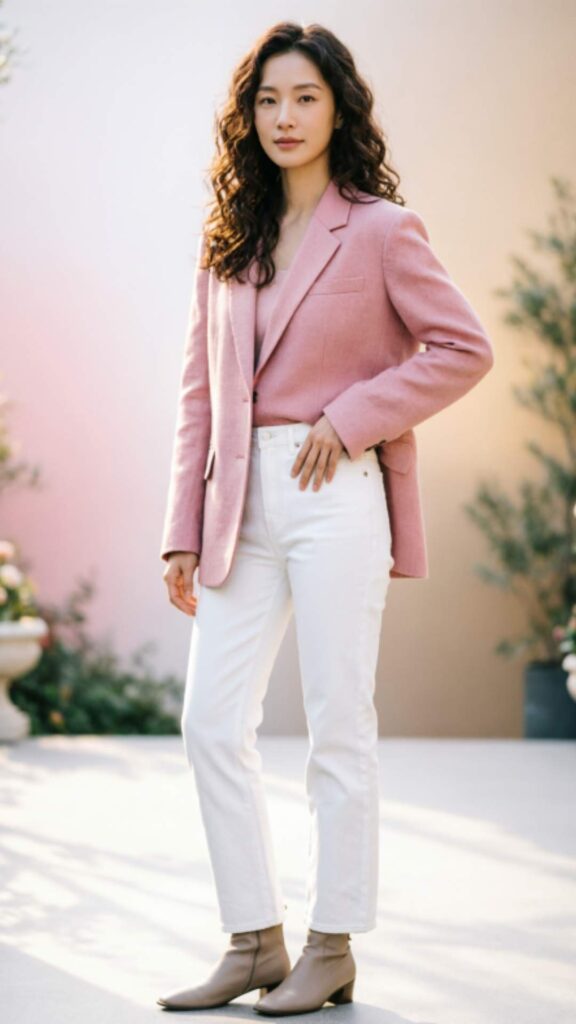 Soft Pink Blazer with White Jeans