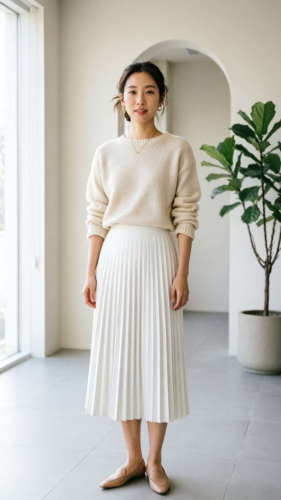 Cream Sweater with White Pleated Skirt