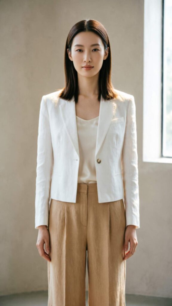White Linen Blazer with Beige Wide-Leg Pants