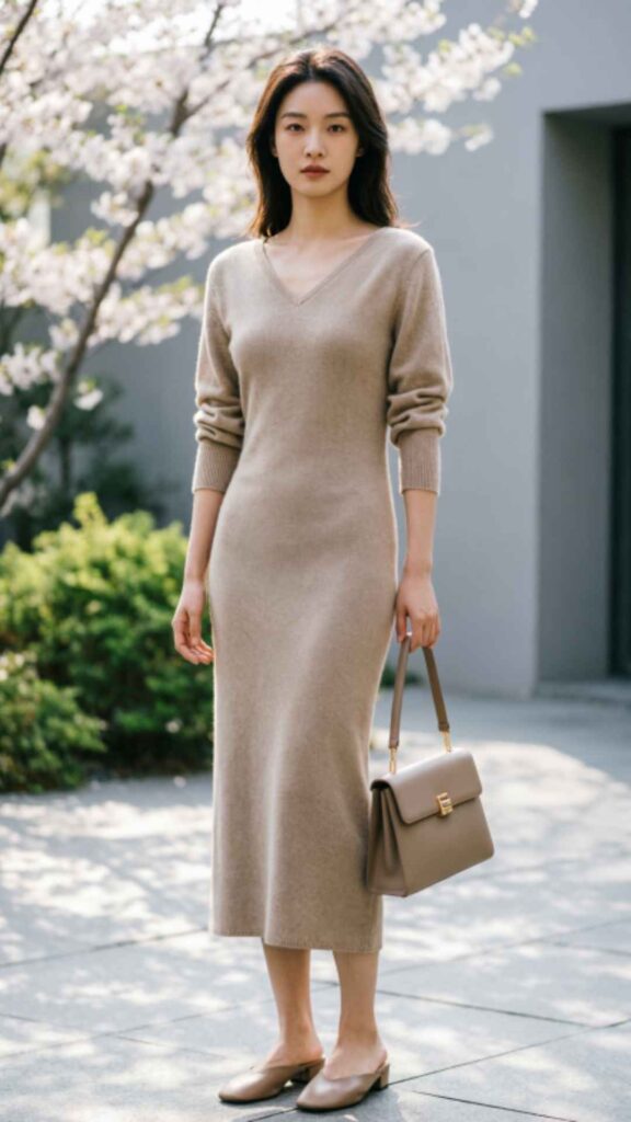 Beige Knit Dress with Structured Handbag