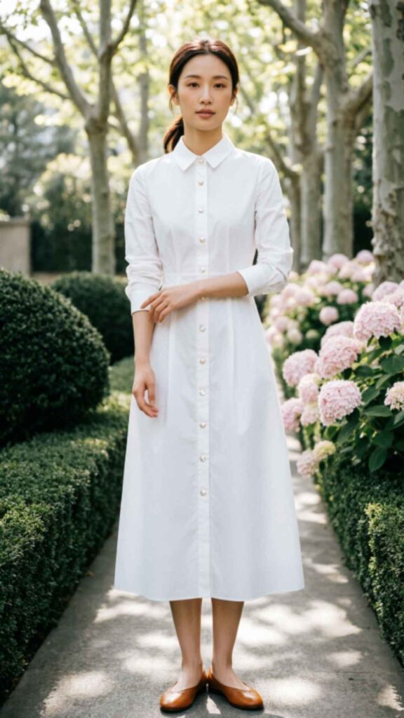 Crisp White Shirt Dress with Leather Flats