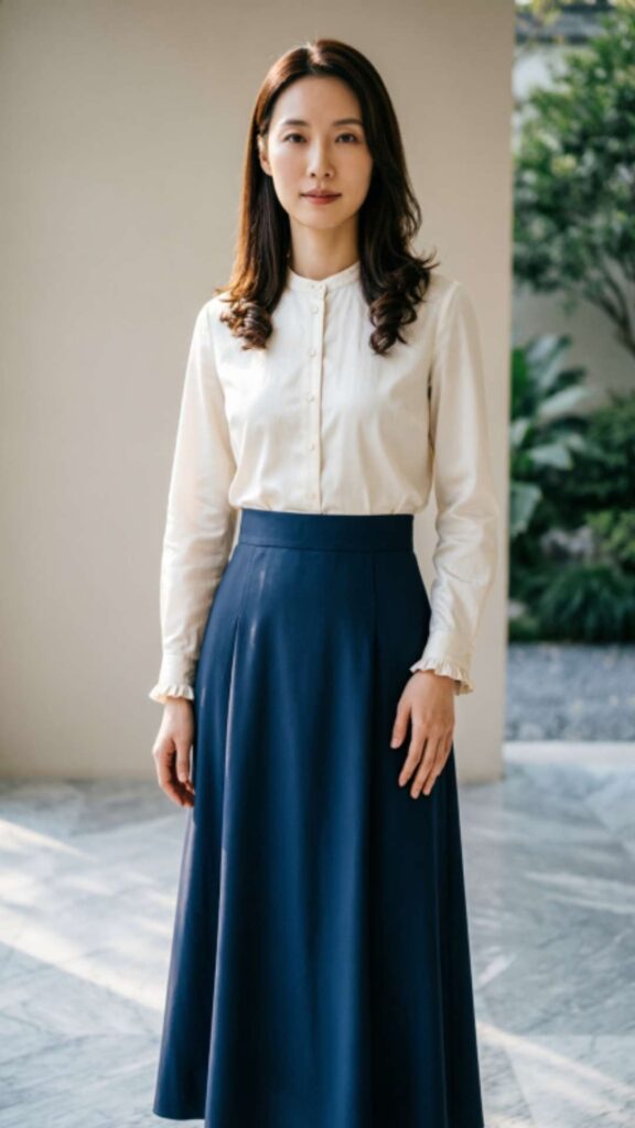 Navy Midi Skirt with Cream Blouse