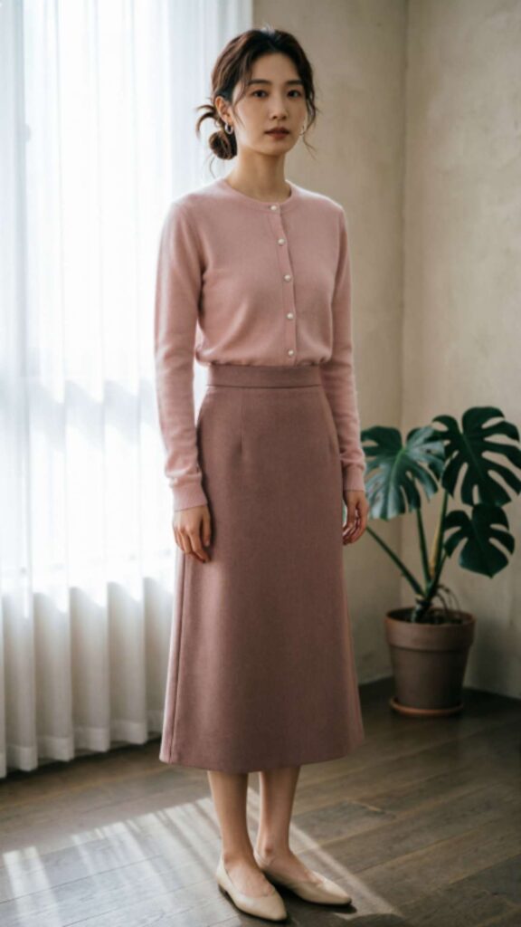 Pastel Button Cardigan with Tailored Skirt