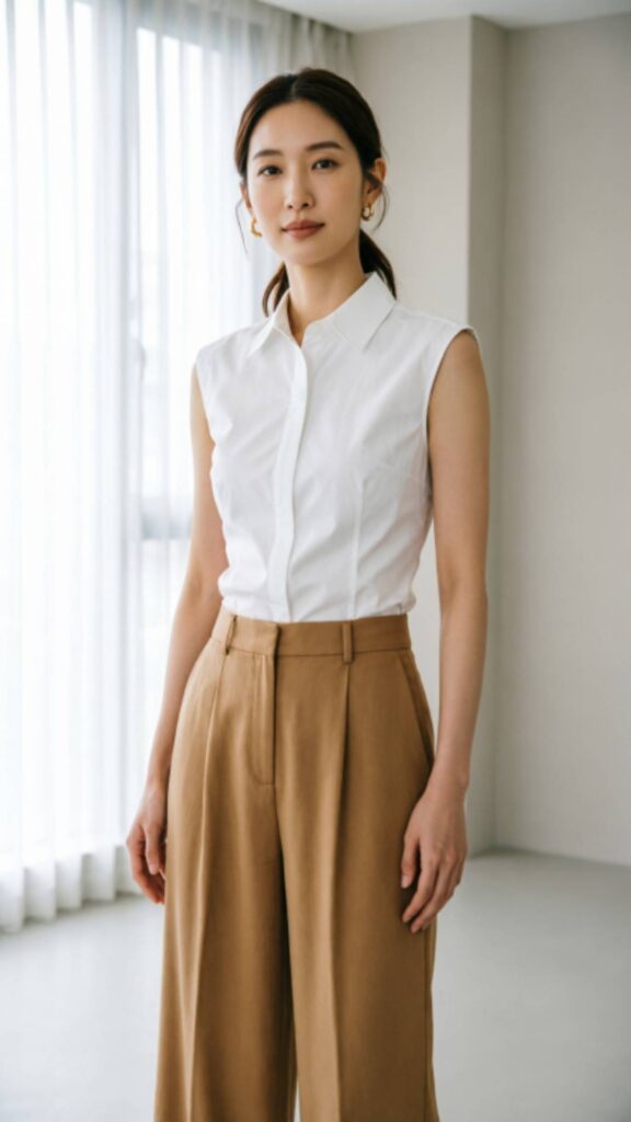 Sleeveless White Blouse with Camel Trousers