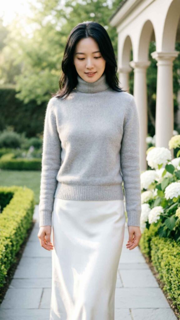 Light Gray Sweater with White Straight Skirt