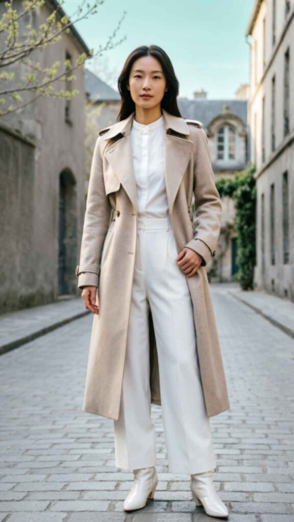 Classic Trench Coat over Monochrome White Outfit