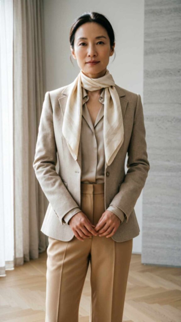 Silk Scarf with Neutral Tailored Ensemble