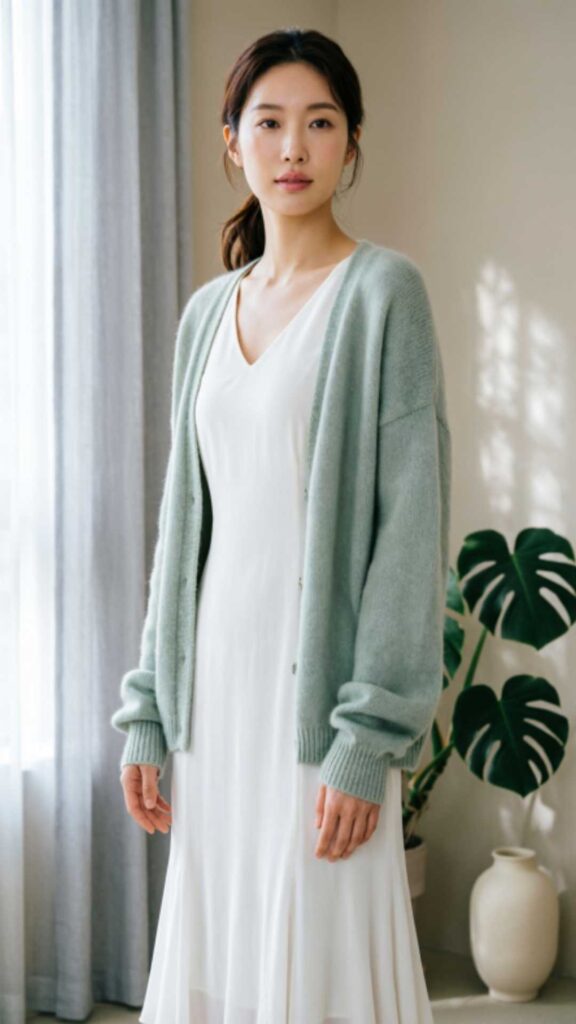 Pastel Cardigan with White Midi Dress