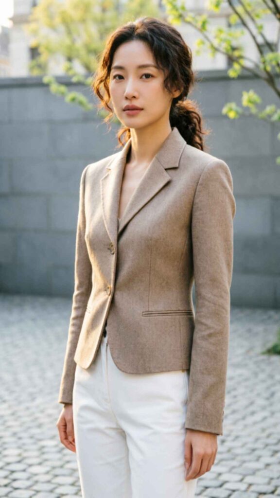 Beige Blazer with White Straight-Leg Trousers