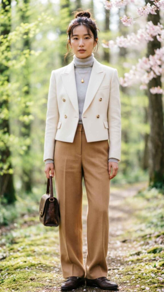 White Polo Shirt with Beige Trousers