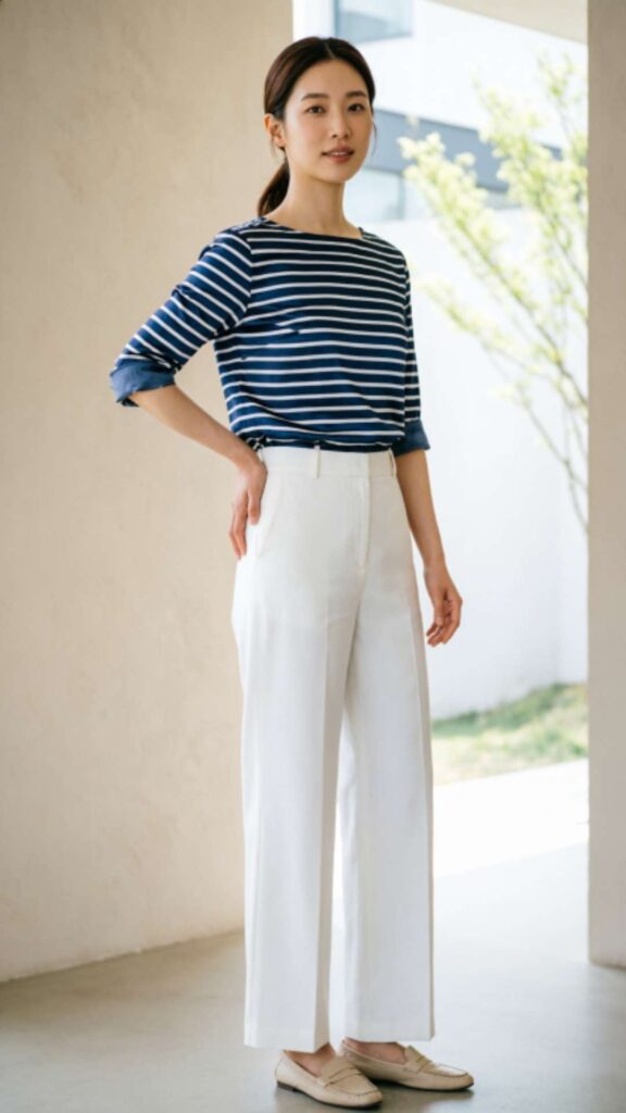 Striped Breton Top with White Wide-Leg Pants