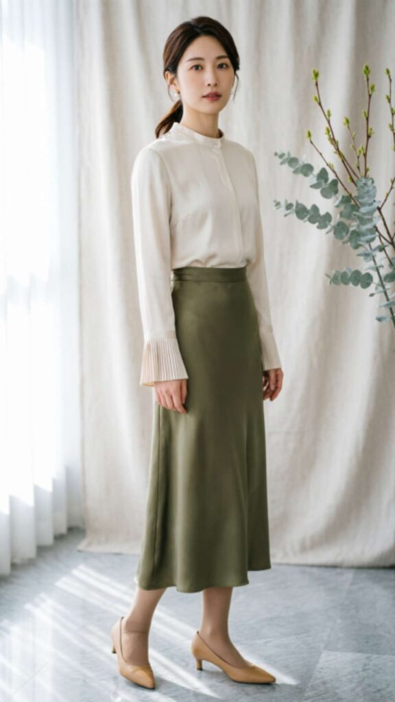 Midi Skirt with Long Sleeve Blouse