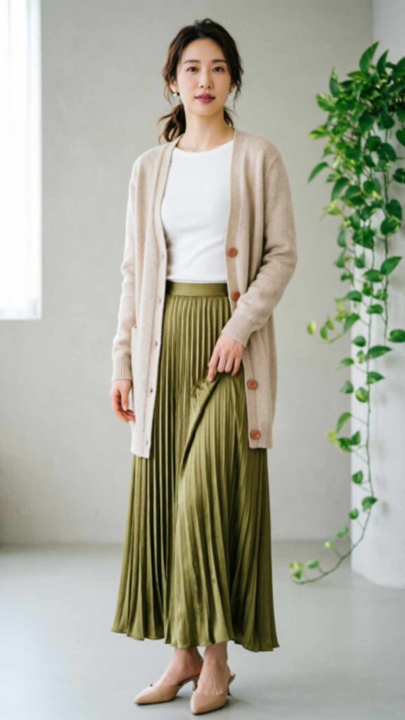 Pleated Maxi Skirt with Buttoned Cardigan