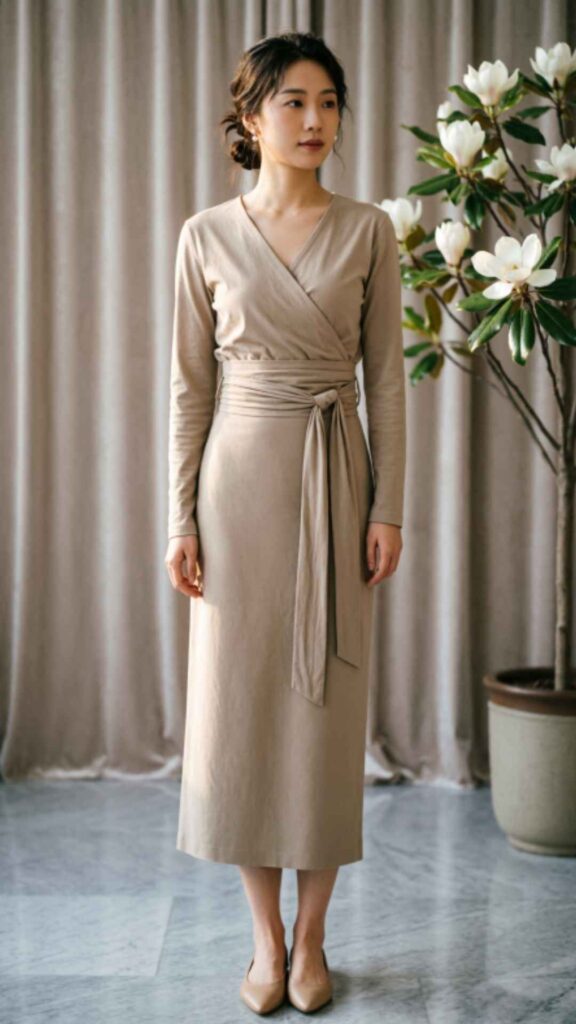 Long Sleeve Wrap Top with Straight Skirt