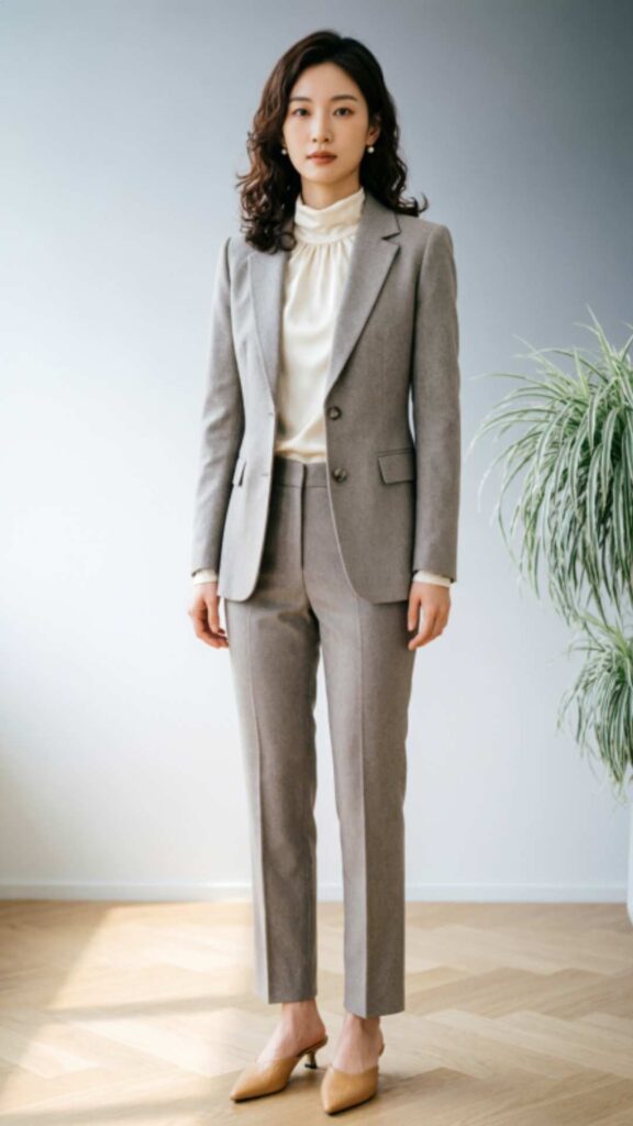 Light Gray Suit with Modest Blouse