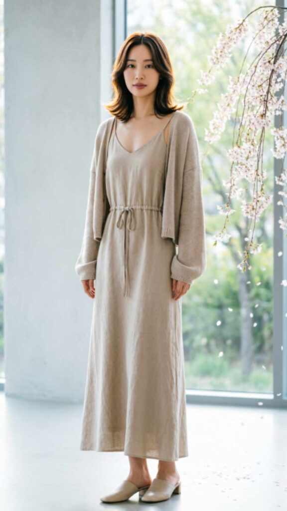 Neutral Maxi Dress with Light Jacket