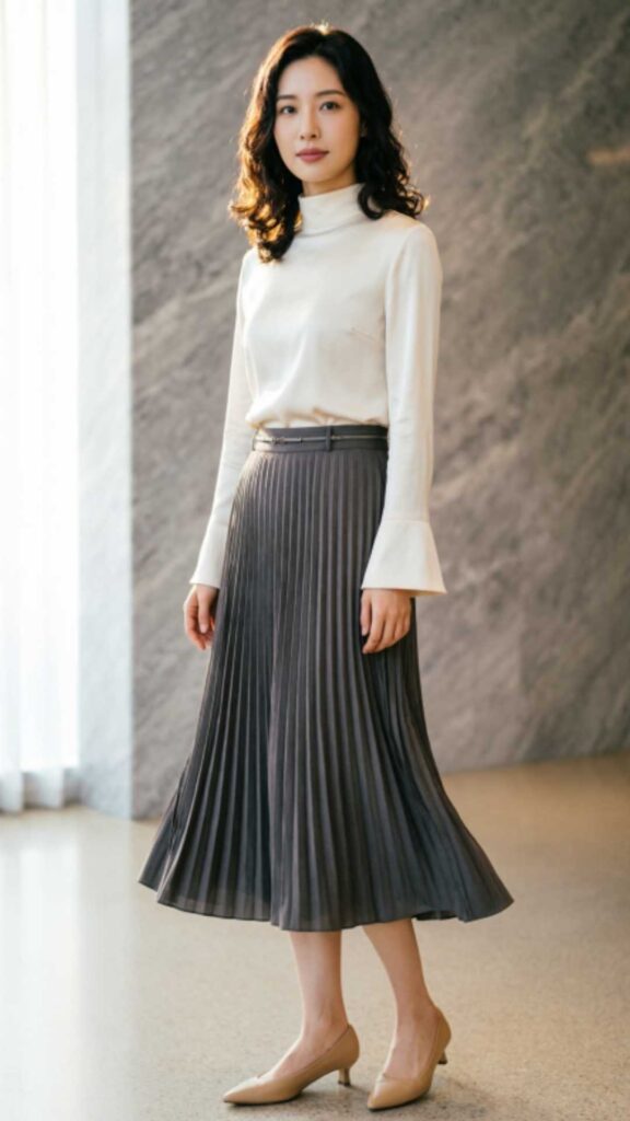 High-Neck Blouse with Pleated Skirt