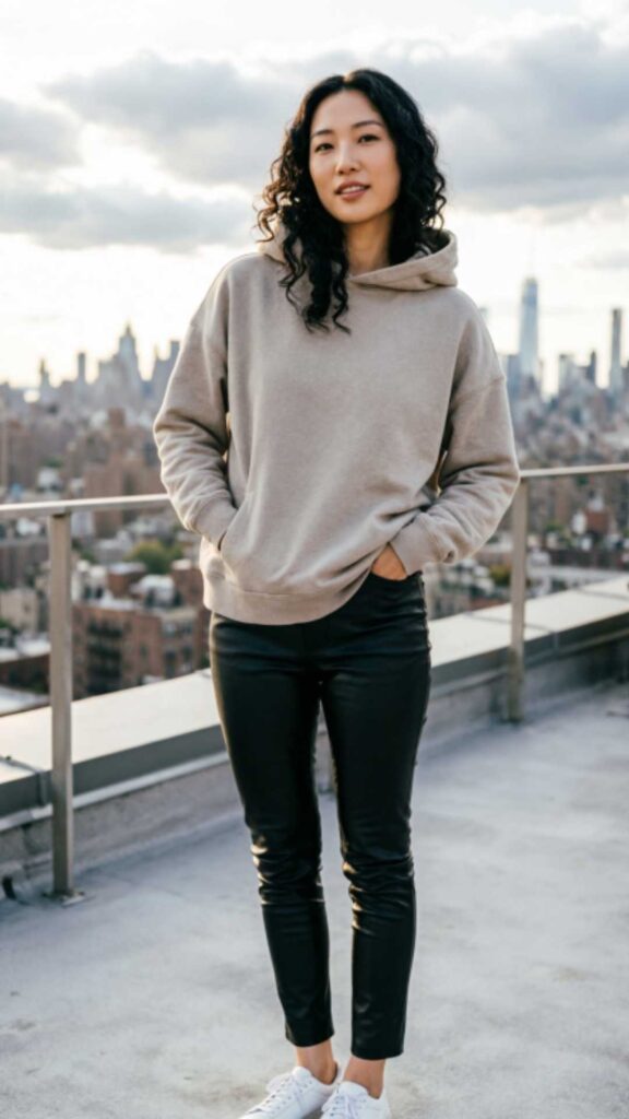 Casual Hoodie and Leather Pants