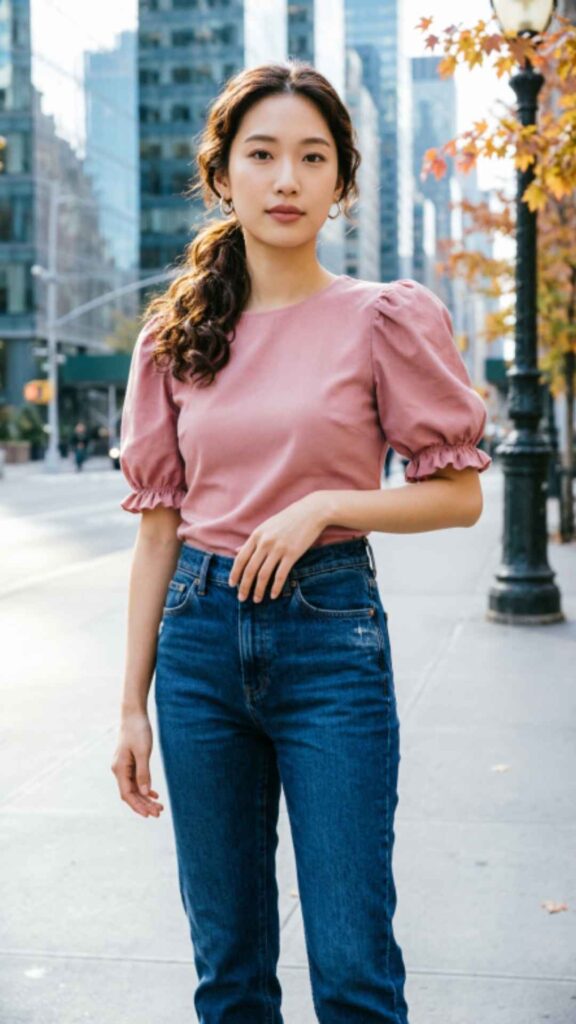Trendy Puff Sleeve Top with Jeans