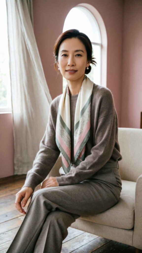 Silk Scarf with Cashmere Sweater and Pants