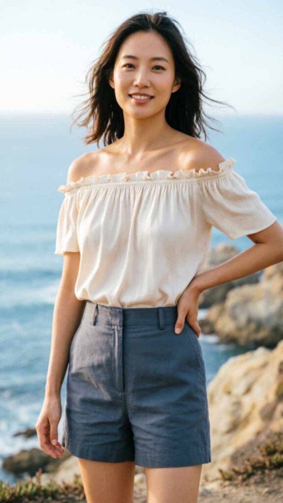 Off-Shoulder Top with High-Waist Shorts