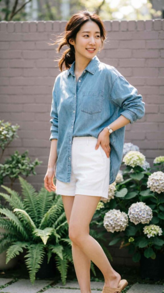 Chambray Shirt with White Shorts