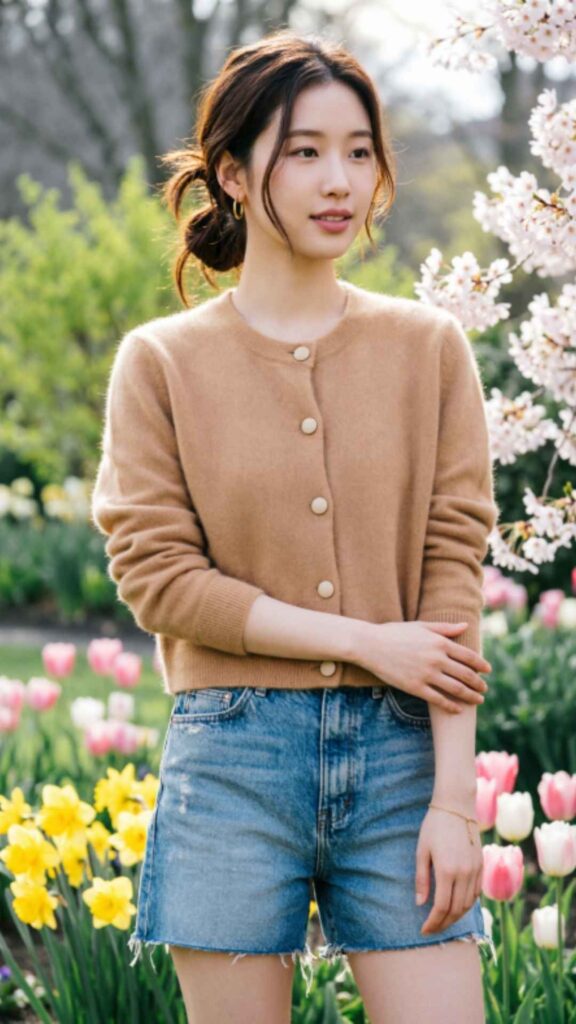 Lightweight Cardigan with Denim Shorts