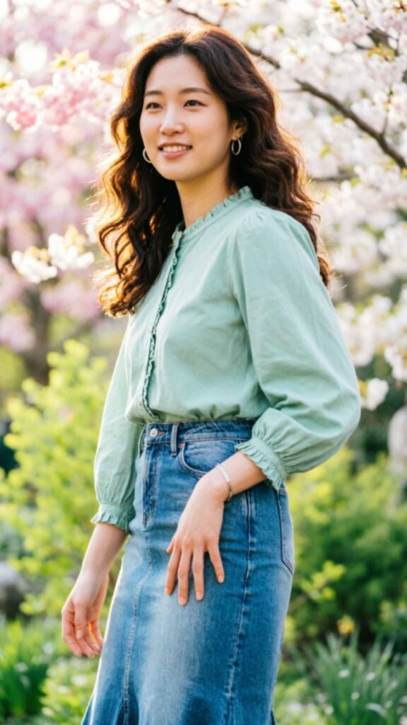 Denim Skirt with Casual Blouse