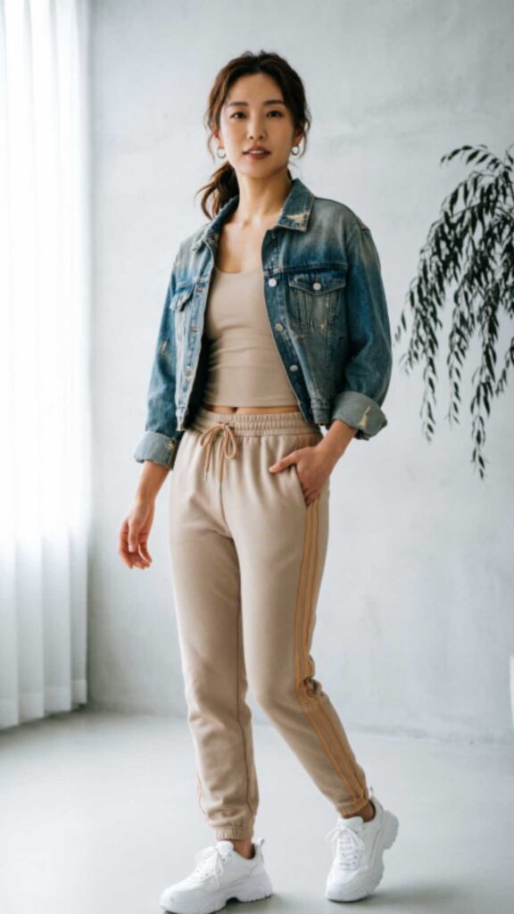 Athleisure Set with Denim Jacket