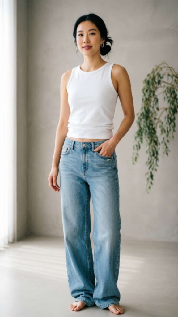 Basic Tank with High-Rise Wide Jeans